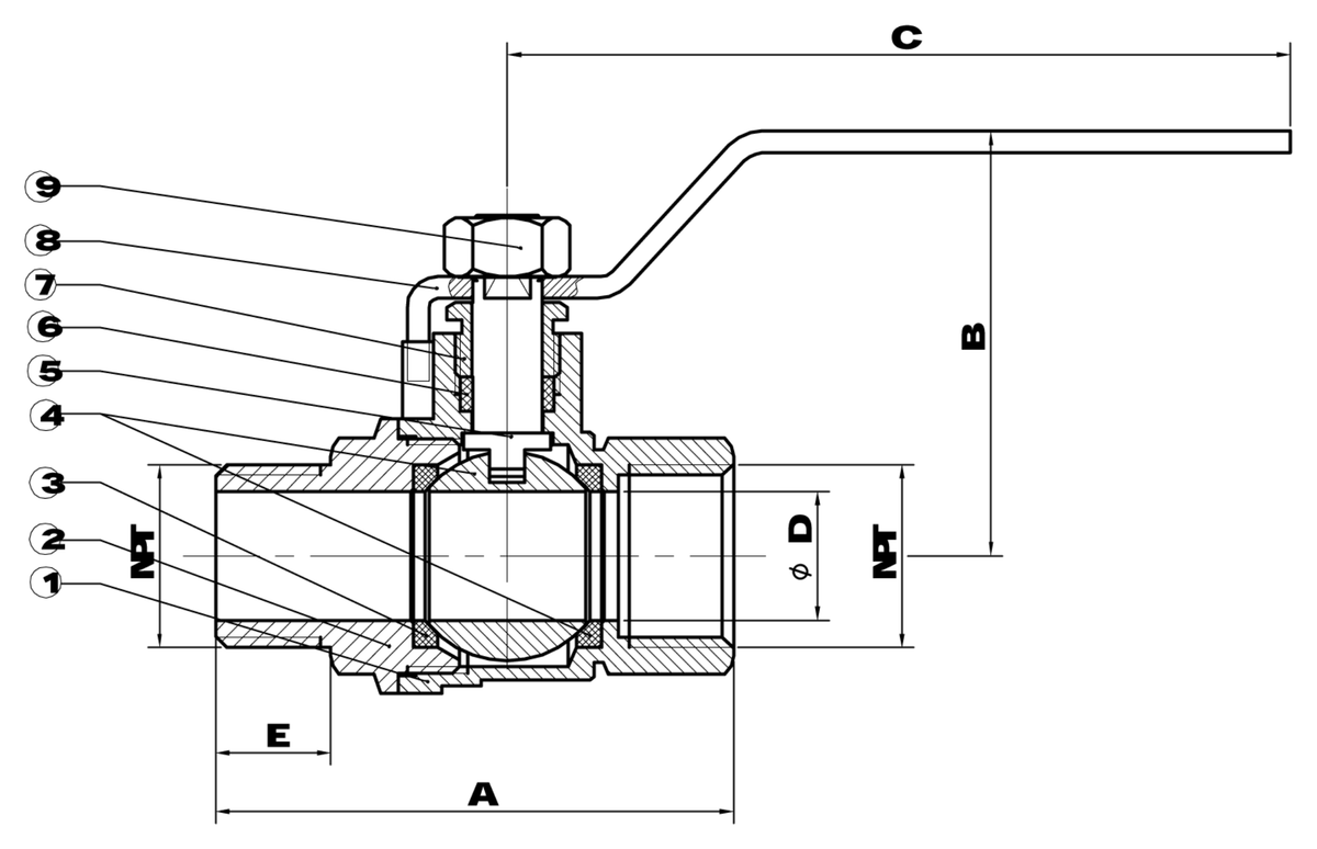 Dimension and cutaway drawing of a brass male x female ball valve, showing A, B, C, D and E and numbered parts