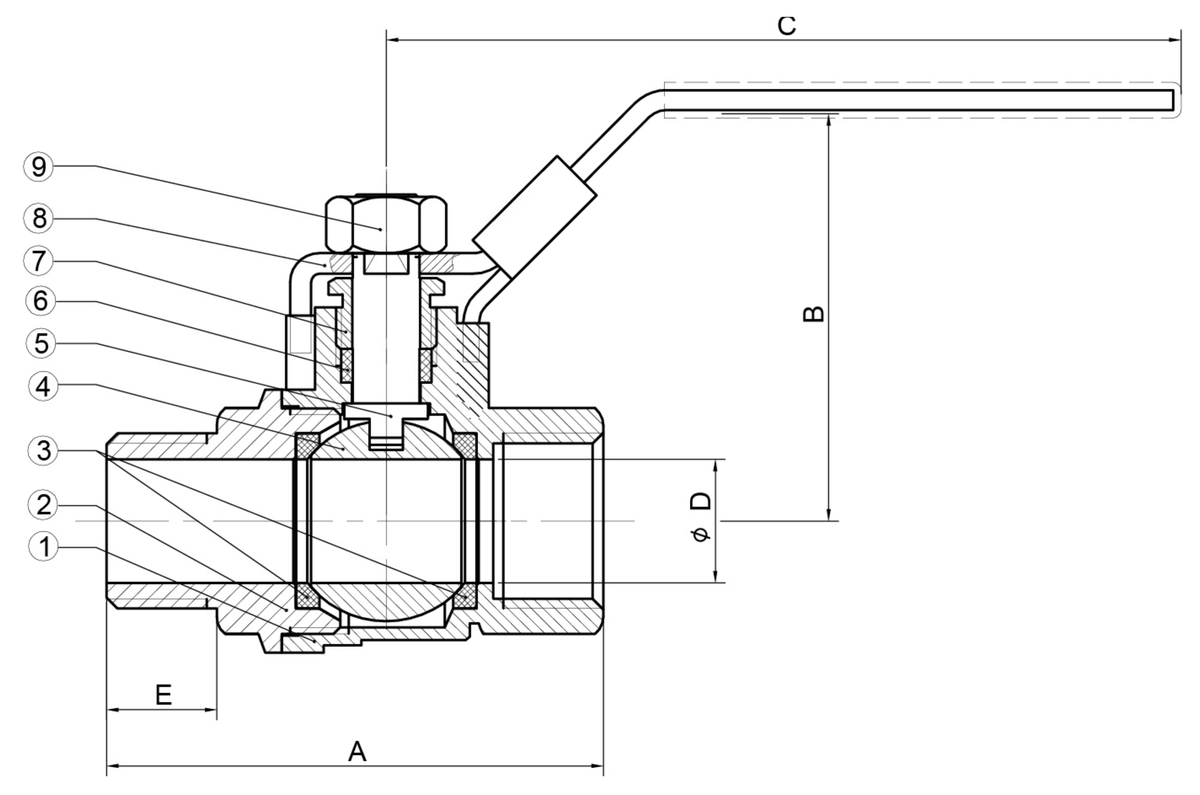 Dimension and cutaway drawing of a brass male x female ball valve, showing A, B, C, D and E and numbered parts
