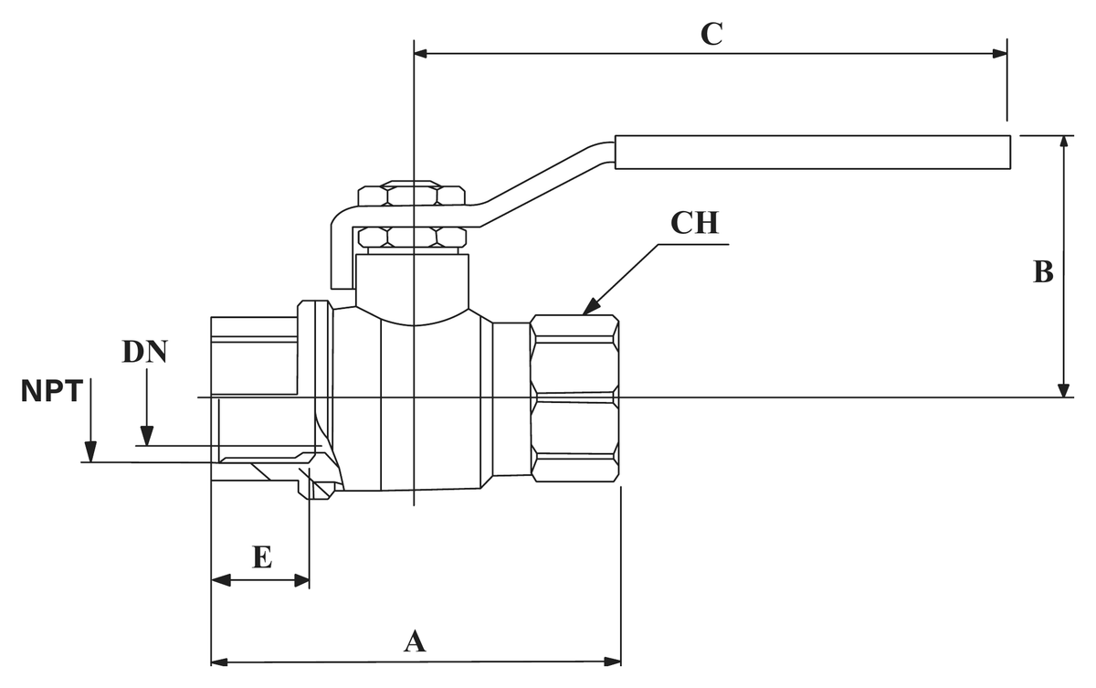 Dimension drawing of a forged brass full port ball valve with female NPT ends, showing DN, A, B and C