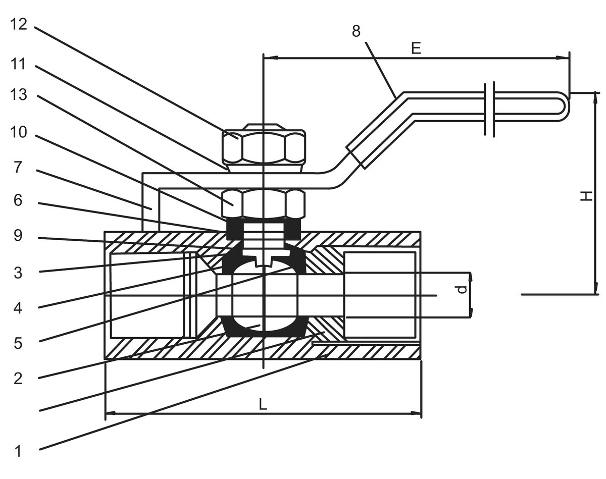 Dimension and cutaway drawing of a one-piece carbon steel ball valve, showing d, L, H and E and numbered parts