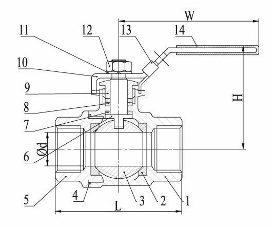 Dimension and cutaway drawing of a two-piece ball valve, showing d, L, H and W and numbered parts